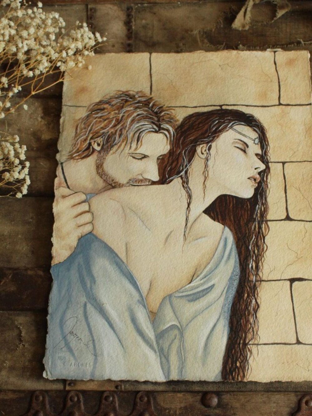 Original 15"x12" Acrylic Artwork Painting, Tristan and Isolde, Romantic Medieval